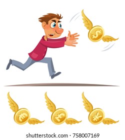 Cartoon man trying to catch symbols of different currencies. Dollar, euro, yen, pound sterling. Cartoon styled vector illustration. Elements is grouped. Isolated on white. No transparent objects.