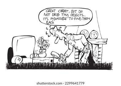 Cartoon. Man trying to find a tiny object in a room with high-pile carpet with a magnifying glass.