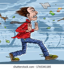 

The cartoon a man trying hard to walking in windy weather