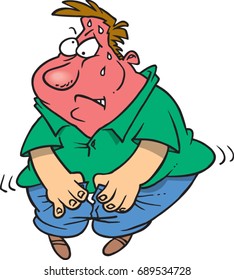 cartoon man trying to put on pants that are too tight