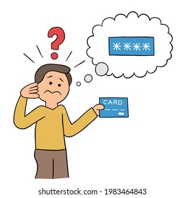 Cartoon man trying to remember credit card password, vector illustration. Black outlined and colored.
