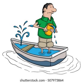 Cartoon man trying to save his little boat from sinking