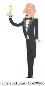 Cartoon man in tuxedo with glass of champagne illustration.