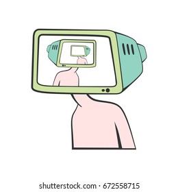 A Cartoon man with a TV instead of a head. Brainwashing. Vector illustration.