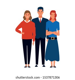 cartoon man and two women standing icon over white background, colorful design. vector illustration