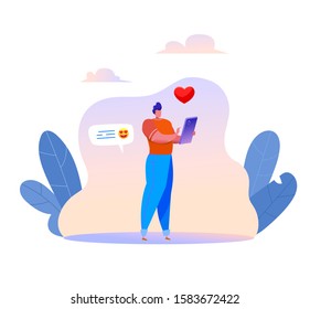 Cartoon man typing at smartphone sending message chatting with friends, sharing feedback about product or service with emoji and heart icons. Vector customer feedback and customer satisfaction concept