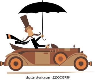 Cartoon man with umbrella drives a car illustration.
Funny long mustache man in the top hat with umbrella drives cabriolet. Isolated on white background
