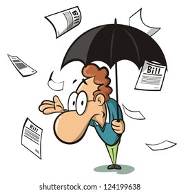 Cartoon man with umbrella and a rain of taxes bills