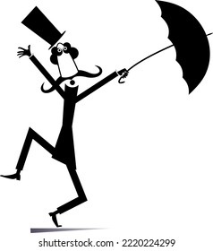 Cartoon man, umbrella and windy day isolated. 
Funny long mustache man in the top hat staying on the strong wind. Black on white background
