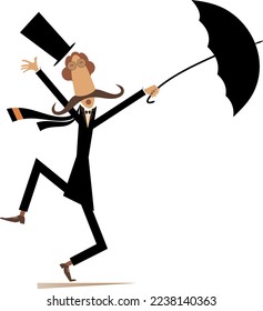 Cartoon man, umbrella and windy day isolated. 
Funny long mustache man in the top hat staying on the strong wind. Isolated on white background
