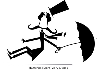 Cartoon man, umbrella and windy day. 
Cartoon long mustache man in the top hat with umbrella falling down from the fit by the strong wind. Black and white illustration
