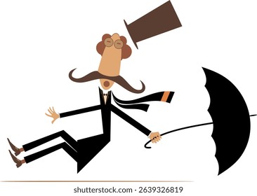 Cartoon man, umbrella and windy day. Cartoon long mustache man in the top hat with umbrella falling down from the fit by the strong wind	