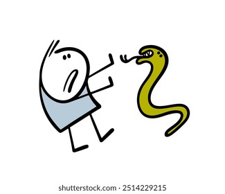 O cartunista inesperadamente encontrou uma cobra verde na selva. O símbolo chinês do ano novo. Ilustração vetorial de um animal selvagem assusta uma criança. Stickman escapa de um monstro reptiliano.