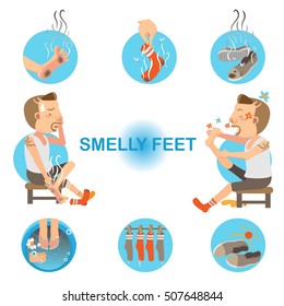 Cartoon man unpleasant odor of socks and sneakers on his feet. Vector illustration