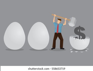 Cartoon man uses a hammer to break eggs to reveal a money symbol inside. Creative vector illustration on metaphor for breaking nest eggs.