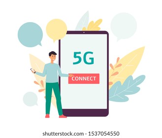 Cartoon man using 5G network on his smart phone, modern wireless internet technology presentation by teen smartphone user, mobile broadband connection - isolated hand drawn flat vector illustration