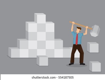 Cartoon man using a giant hammer to break down stumbling block. Creative vector illustration for overcoming obstacles metaphor.