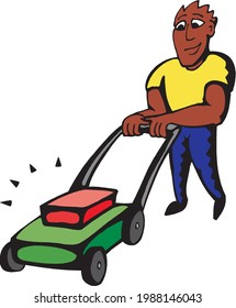 Cartoon eines Mannes mit Grasschneider