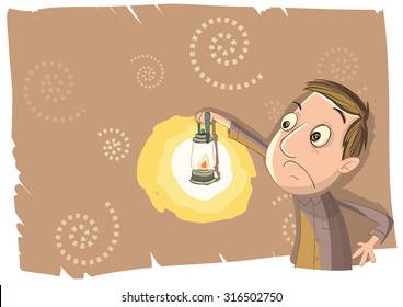 Cartoon man using lantern in the dark