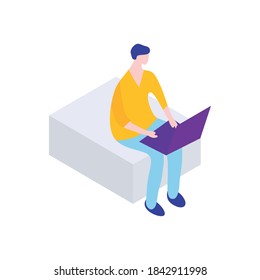 cartoon man using a laptop computer sitting on white rectangular box over white background, flat style, vector illustration