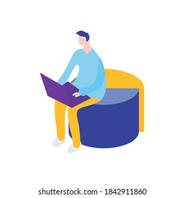 cartoon man using a laptop sitting on round chair over white background, flat style, vector illustration