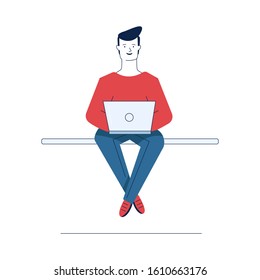 Cartoon man using laptop. Student or freelancer working with computer In public place flat vector illustration. Wireless connection, internet concept for banner, website design or landing web page