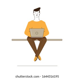 Hombre de caricatura usando laptop. Estudiante o profesional independiente trabajando con computadora En la ilustración plana de lugar público. Conexión inalámbrica, concepto de Internet para banner, diseño de sitio web o página web de inicio