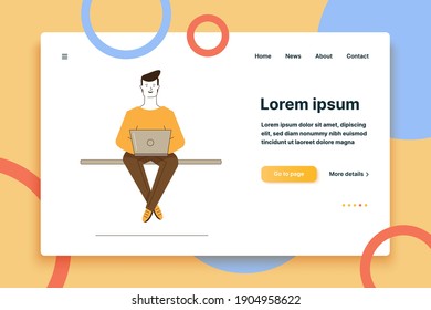 Cartoon man using laptop. Student or freelancer working with computer In public place flat vector illustration. Wireless connection, internet concept for banner, website design or landing web page