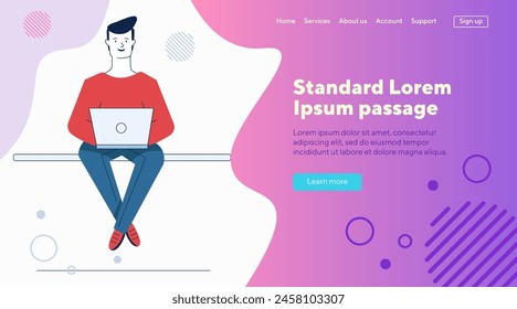 Hombre de dibujos animados usando una laptop. Estudiante o freelancer trabajando con ordenador En lugar público Ilustración vectorial plana. Conexión inalámbrica, concepto de Internet para Anuncio, diseño de Sitio web o página de Web de aterrizaje