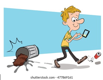 cartoon man using smartphone while walking and got some accident.