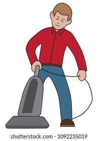 A cartoon man is using a vacuum cleaner for housework