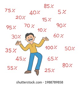 Cartoon man very happy because there is a lot of discount, vector illustration. Black outlined and colored.
