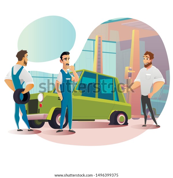 Cartoon Man Visit Tire Repair Service with\
Punctured Wheel on Car. Guy Asking Technician for Damaged Part\
Replacement. Friendly Mechanic Staff in Uniform Accept Work. Vector\
Flat Cutout\
Illustration