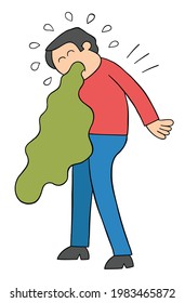 Cartoon man is vomiting, vector illustration. Black outlined and colored.