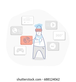 Cartoon man in a VR glasses or virtual reality helmet for playing game and web surfing. Vr simulation illustration concept, UX UI element for web or mobile design.