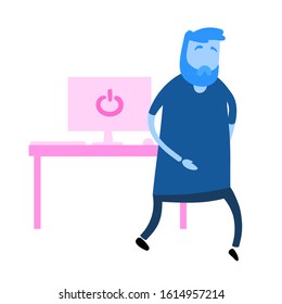 Cartoon man walking by the table with computer. Cartoon design icon. Flat vector illustration. Isolated on white background.