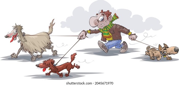 Cartoon of a man walking a few dogs. On separated layers.