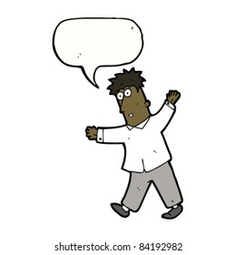 cartoon man walking a line with speech bubble