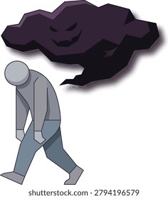 Cartoon man walking under dark cloud