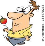 Cartoon man walking while tossing an apple in the air