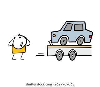 Cartoon man watches in horror as the tow truck takes his car away. Vector illustration a driver has violated parking rules and must pay a fine.