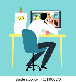 Cartoon man watching girls and video instead of working. Procrastination vector illustration for your design.