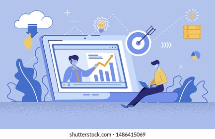 Cartoon Man Watching Online Course On Laptop. Coach Teaching Financial Literacy, Target Marketing, Increase Profit Ways On PC Screen. Video Tutorial. Education Via Internet. Vector Flat Illustration