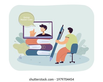 Cartoon man watching online master class. Flat vector illustration. Tiny man sitting on chair with giant pen, opposite giant books and tablet. Online education, studying, distance learning concept