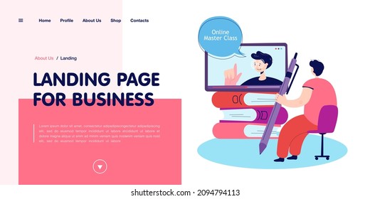 Cartoon man watching online master class. Flat vector illustration. Tiny man sitting on chair with giant pen, opposite giant books and tablet. Online education, studying, distance learning concept