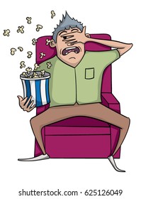 Cartoon man watching a scary movie spilling his popcorn and holding his hand over his face