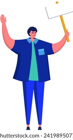 Cartoon man waving hand holding a signpost, cheerful character in casual clothes. Promotions and advertising concept vector illustration.