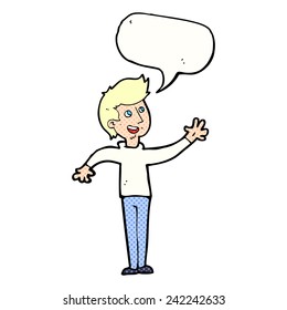 cartoon man waving with speech bubble