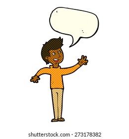 cartoon man waving with speech bubble