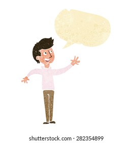 cartoon man waving with speech bubble